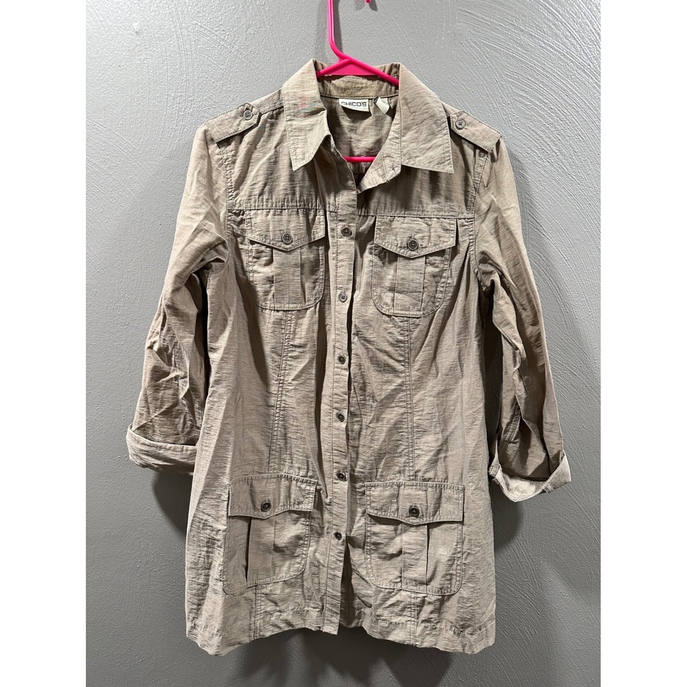 Chicos Utility Shirt Jacket Tan Taupe Safari Button Down Lyocell Blend Size 1 M